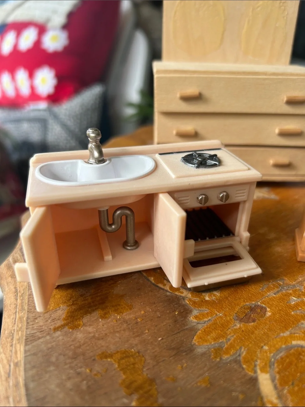 Vintage Wood-Tone Miniature Dollhouse Furniture Pieces